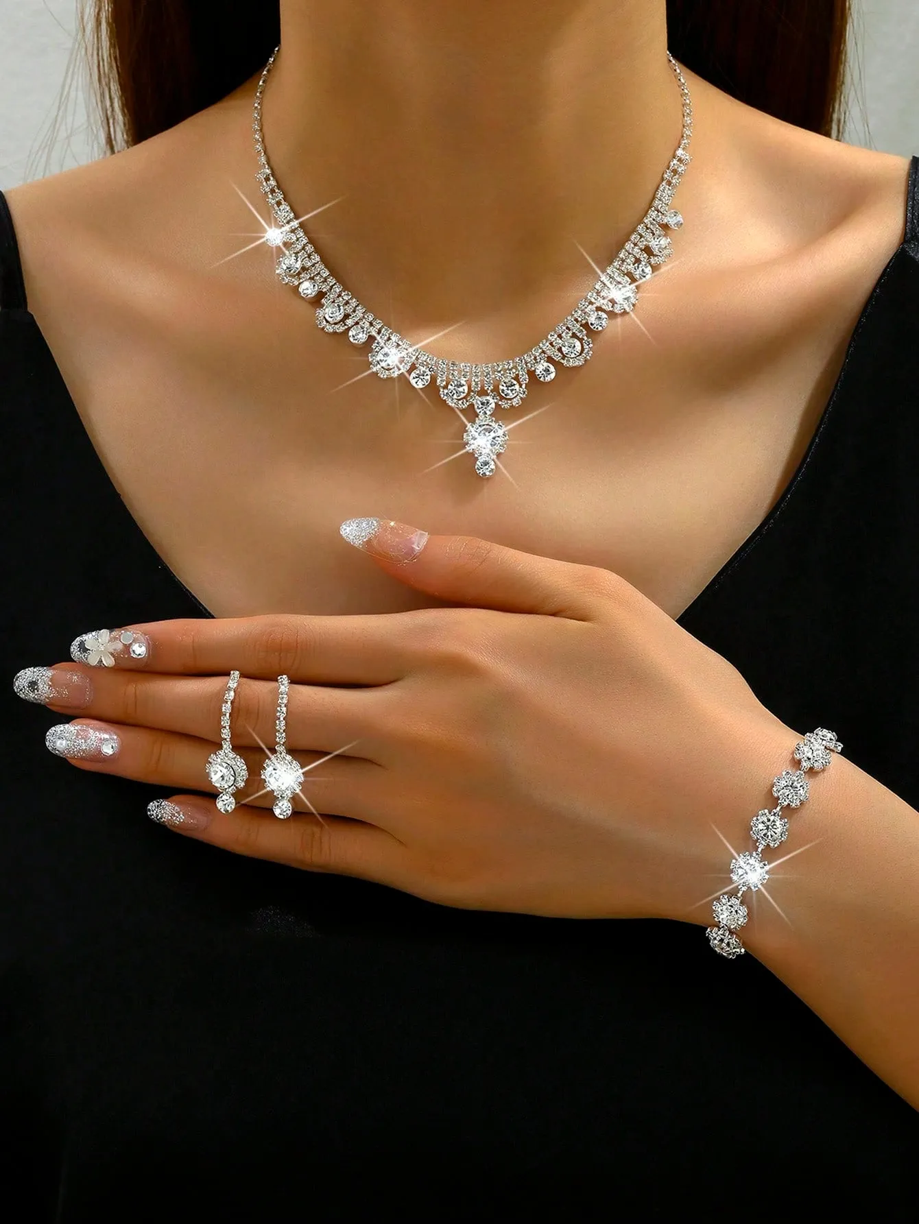 1set Fashionable Floral Full Rhinestone Necklace Earrings Bracelet Jewelry Set, Elegant Luxurious For Wedding Evening Party Women