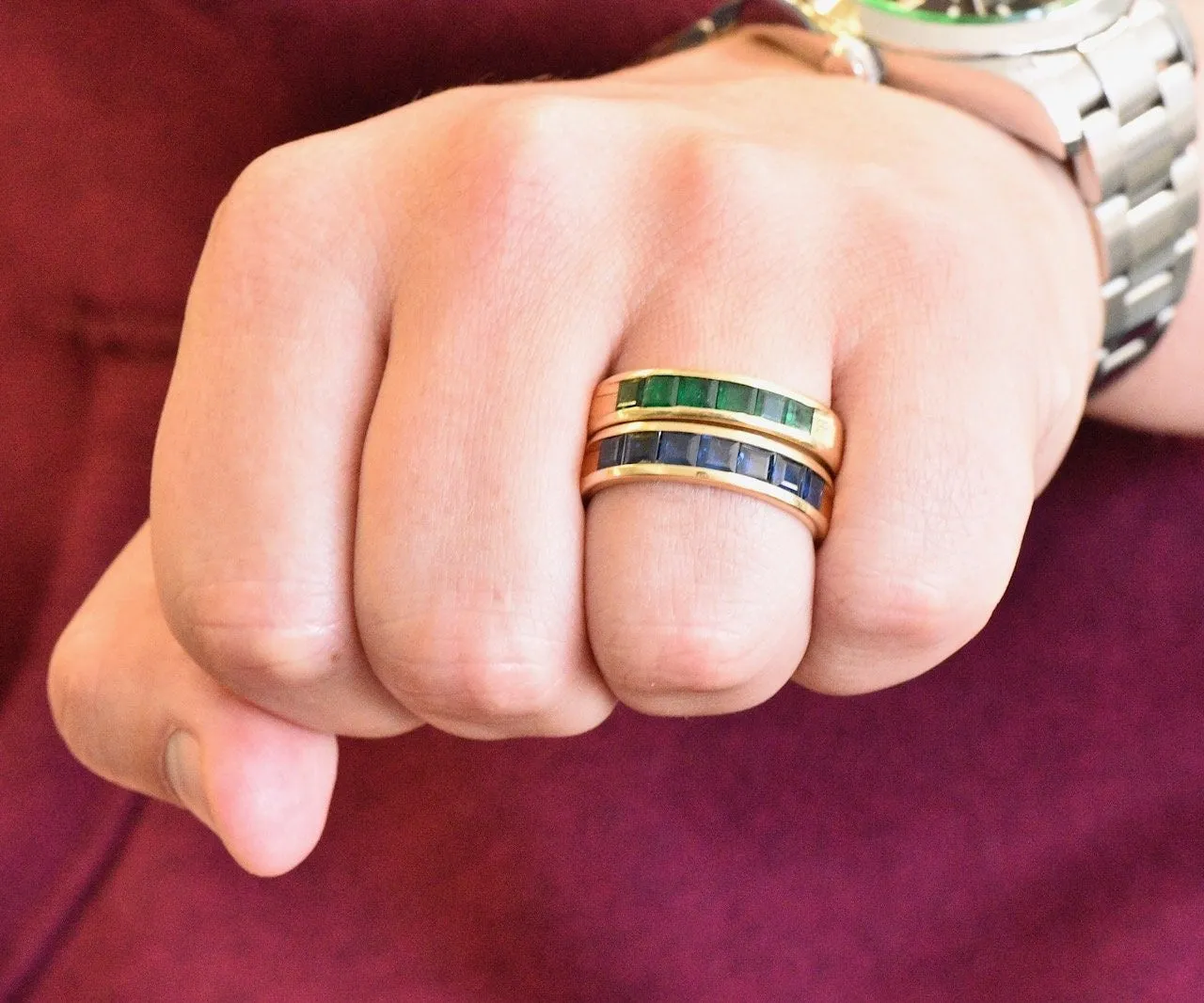 2 Contemporary 5.50 CTW Sapphire Emerald 18 Karat Gold Men's Band Rings