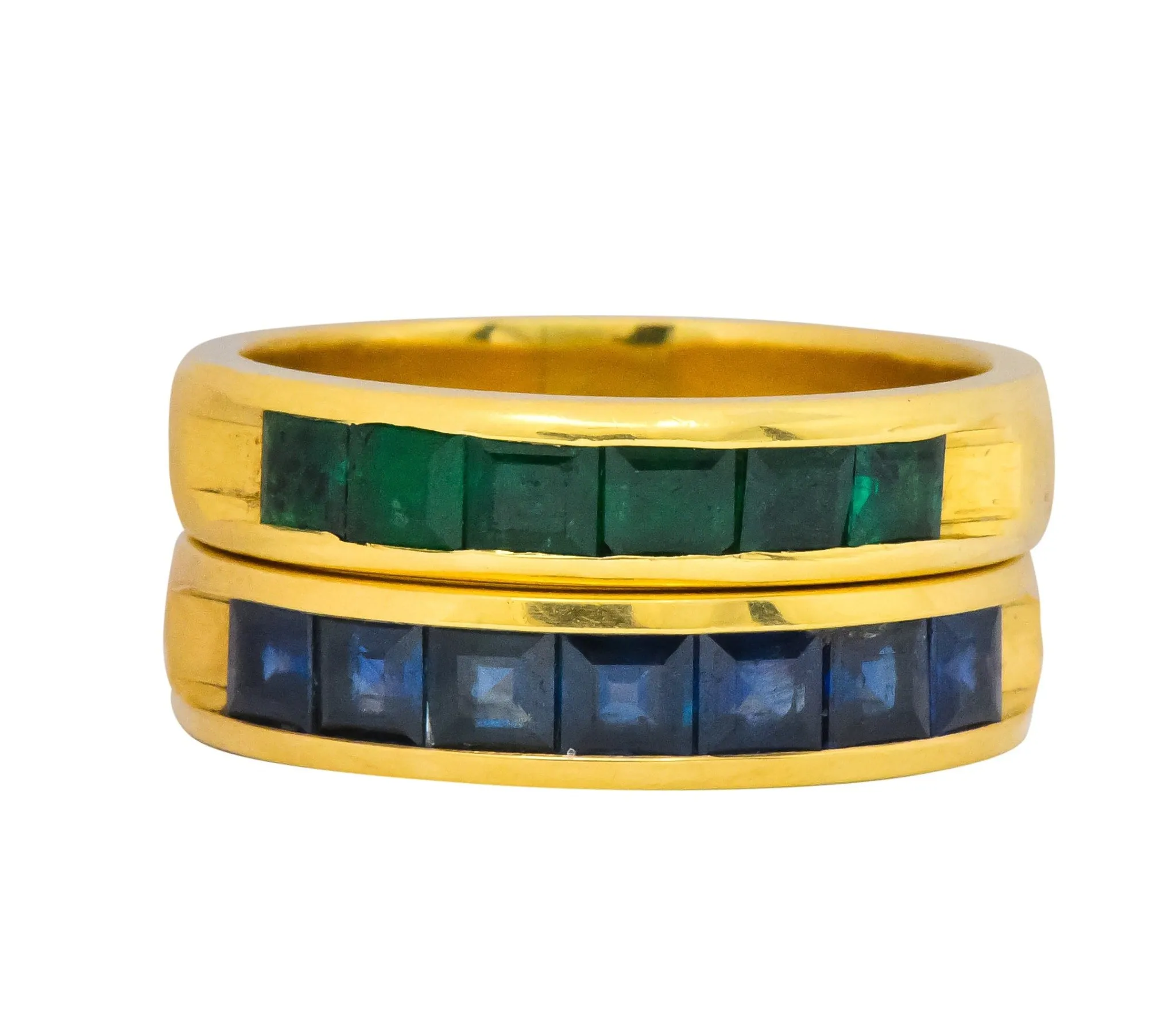 2 Contemporary 5.50 CTW Sapphire Emerald 18 Karat Gold Men's Band Rings