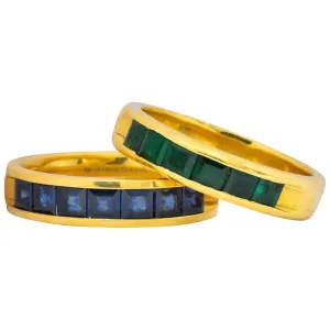 2 Contemporary 5.50 CTW Sapphire Emerald 18 Karat Gold Men's Band Rings