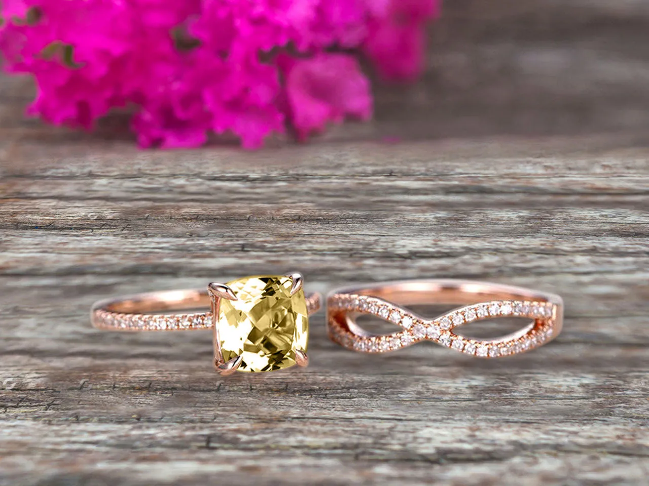 2 Pcs 10k Rose Gold 1.75 Carat Cushion Cut Champagne Diamond Moissanite Engagement Ring Set Solid 10k rose gold Bridal set Custom Made Flaming Jewelry Twisted Across Matching Band