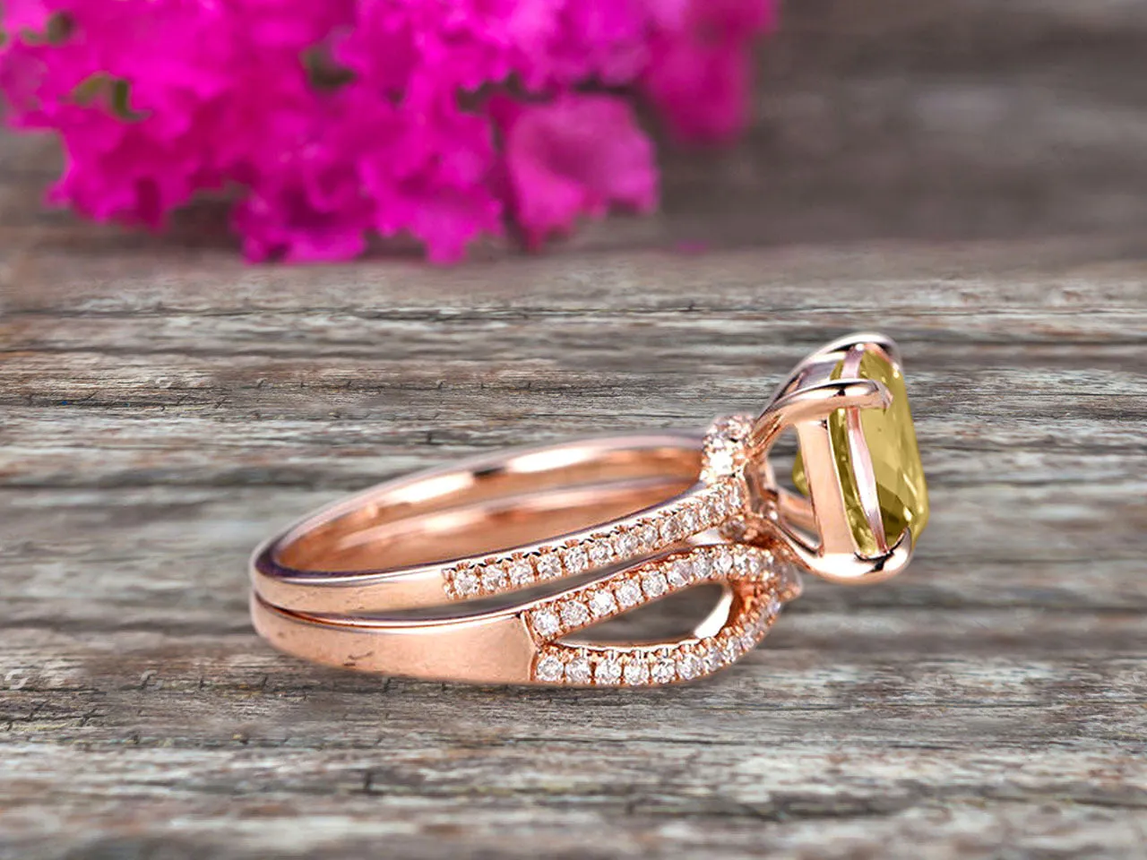 2 Pcs 10k Rose Gold 1.75 Carat Cushion Cut Champagne Diamond Moissanite Engagement Ring Set Solid 10k rose gold Bridal set Custom Made Flaming Jewelry Twisted Across Matching Band