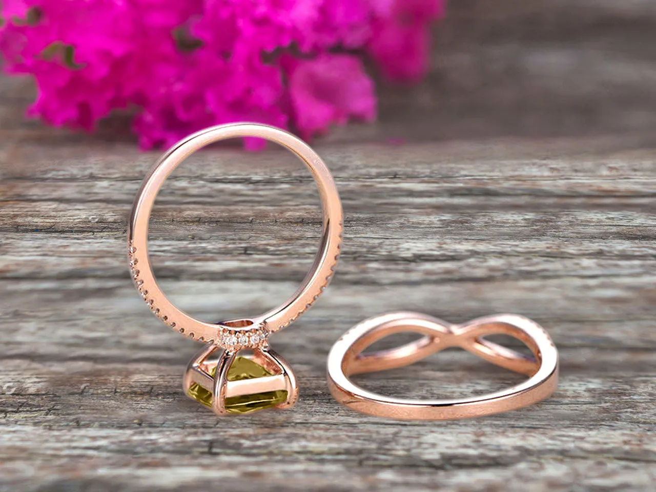 2 Pcs 10k Rose Gold 1.75 Carat Cushion Cut Champagne Diamond Moissanite Engagement Ring Set Solid 10k rose gold Bridal set Custom Made Flaming Jewelry Twisted Across Matching Band
