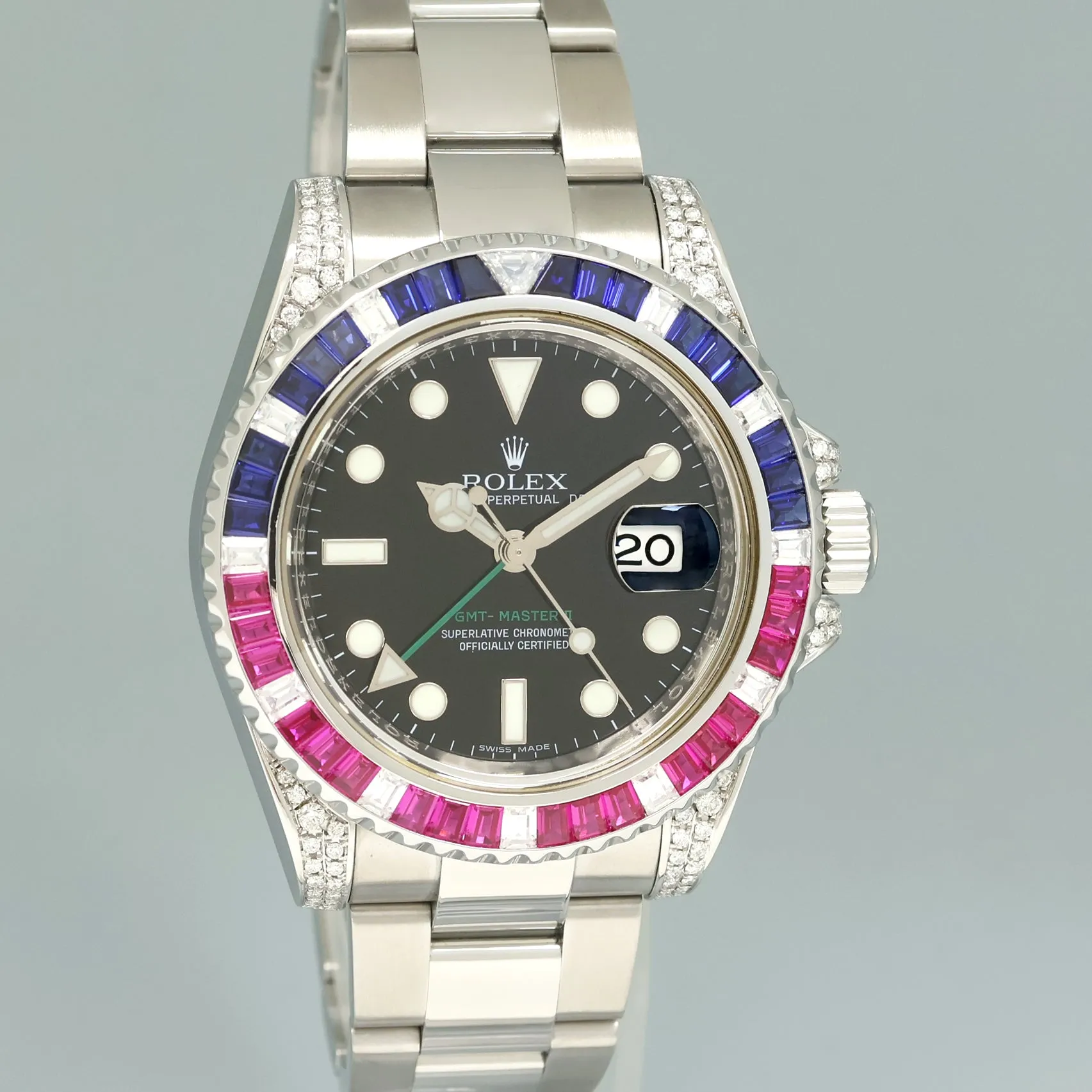 2015 MINT Diamond Ruby & Sapphire Rolex GMT Master II 116710 Steel 40mm Black Watch