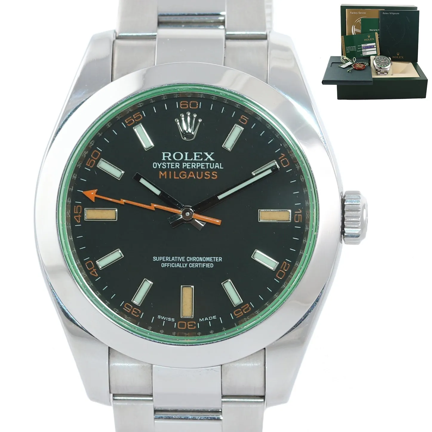 2015 PAPERS Rolex Milgauss Green Anniversary 116400gv Steel Black Watch Box