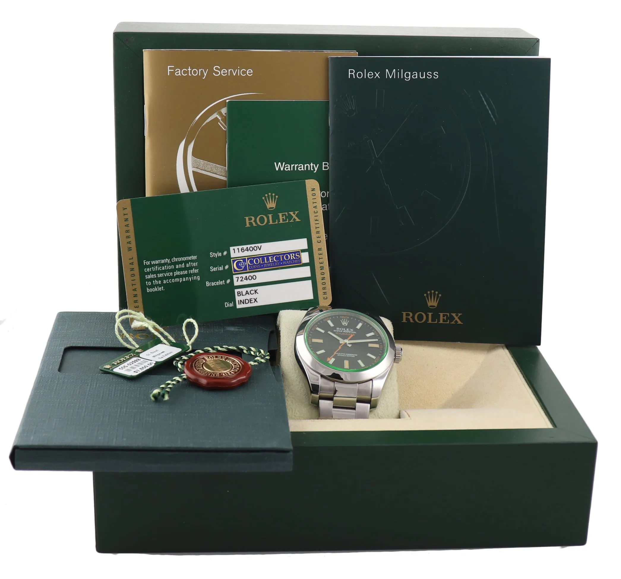 2015 PAPERS Rolex Milgauss Green Anniversary 116400gv Steel Black Watch Box