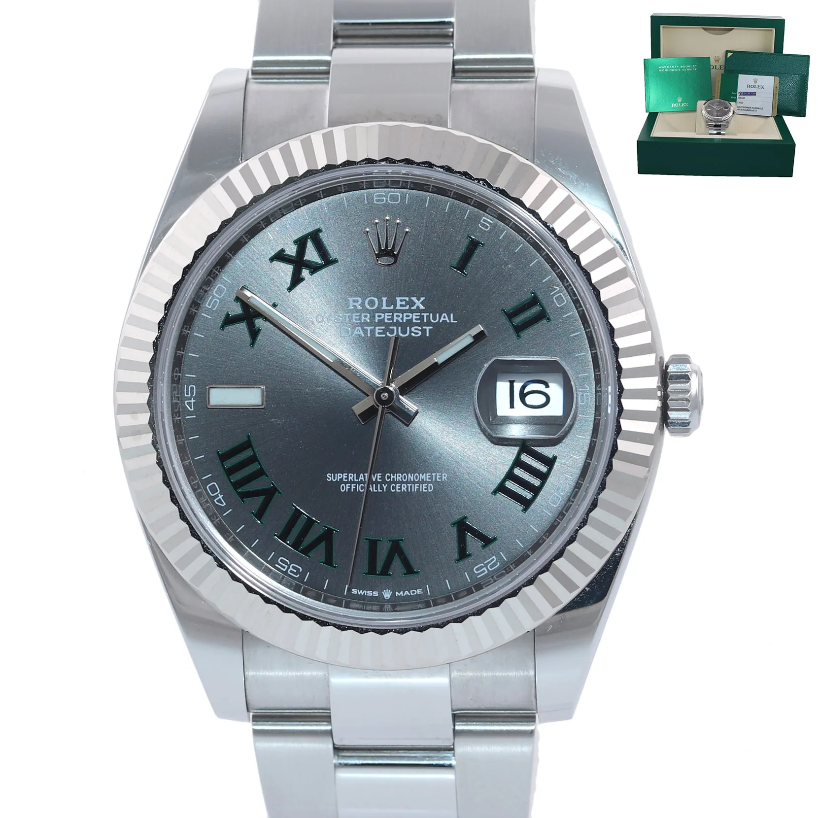 2018 PAPERS Rolex DateJust 41 Wimbledon Dial 126334 Steel Fluted Oyster Watch