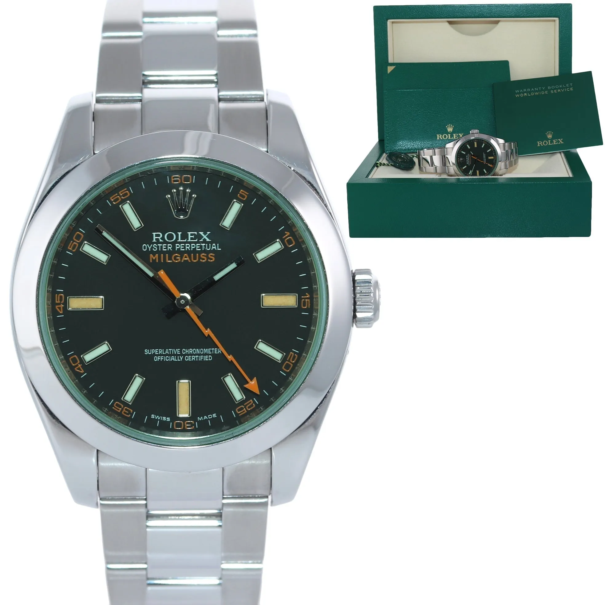 2022 MINT Rolex Milgauss Green Anniversary Orange Black 116400GV Steel Watch Box
