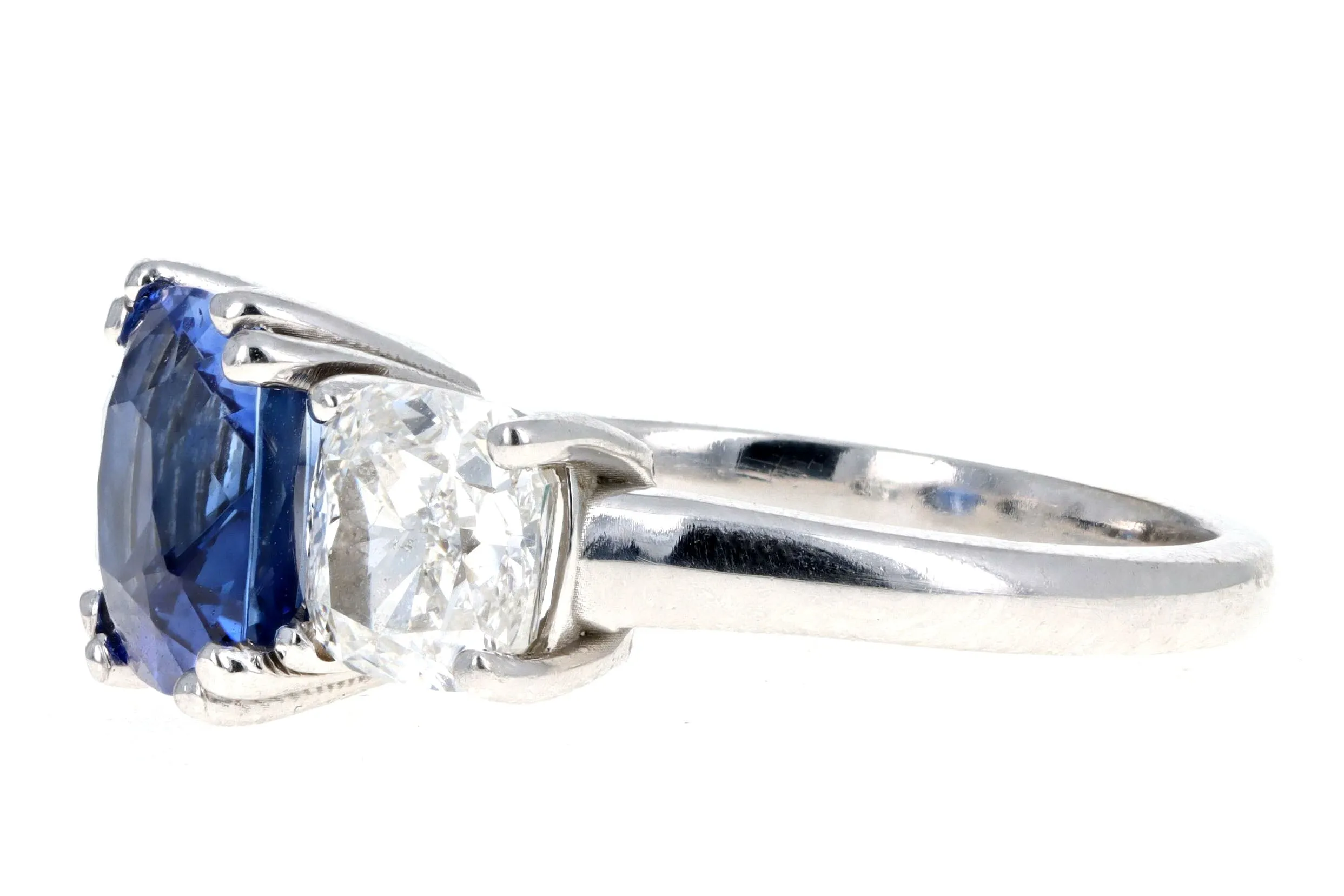 2.23 Carat Cushion Cut Natural Ceylon Sapphire & Cushion Diamond Three Stone Ring in 18K White Gold GIA Certified