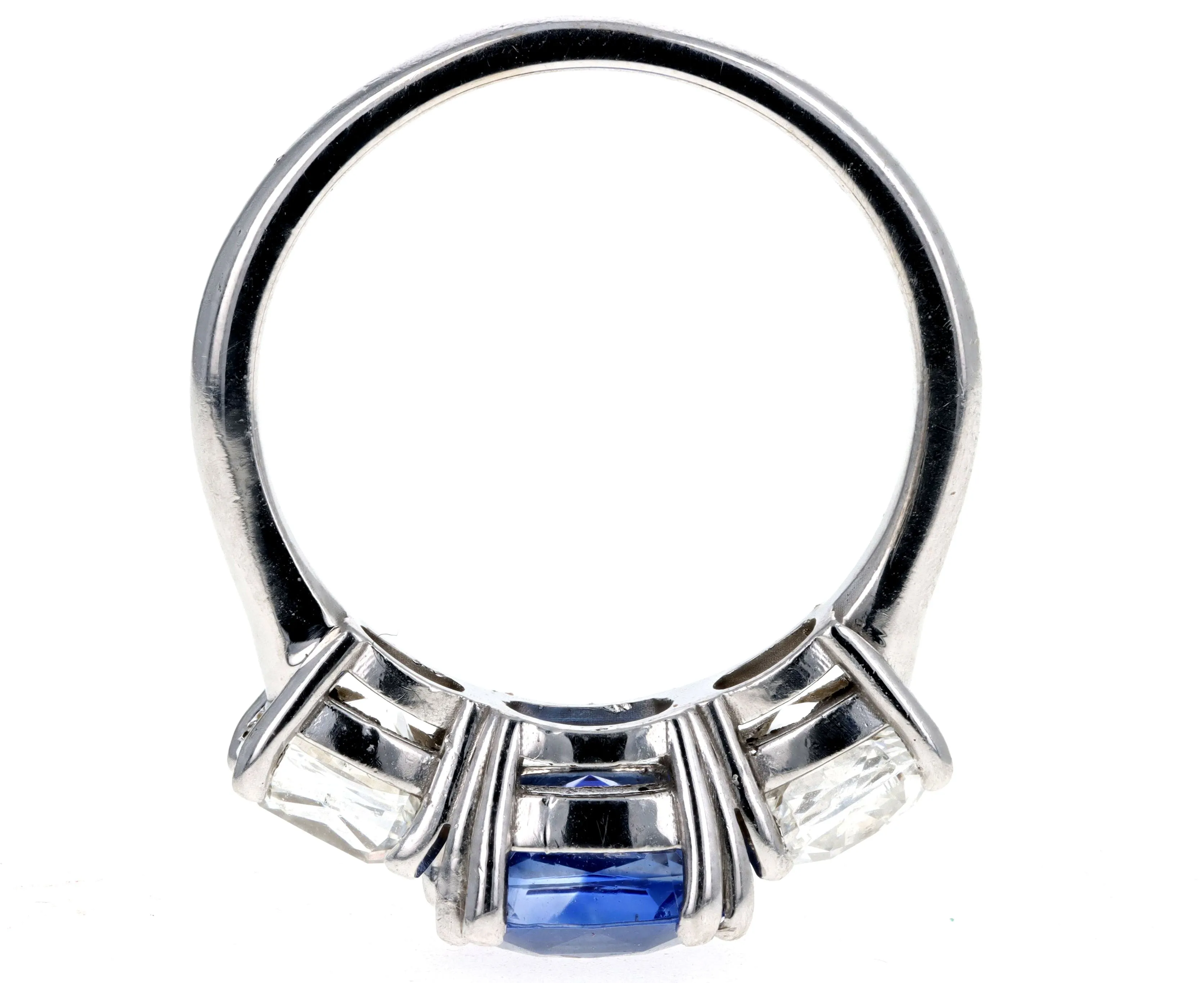2.23 Carat Cushion Cut Natural Ceylon Sapphire & Cushion Diamond Three Stone Ring in 18K White Gold GIA Certified