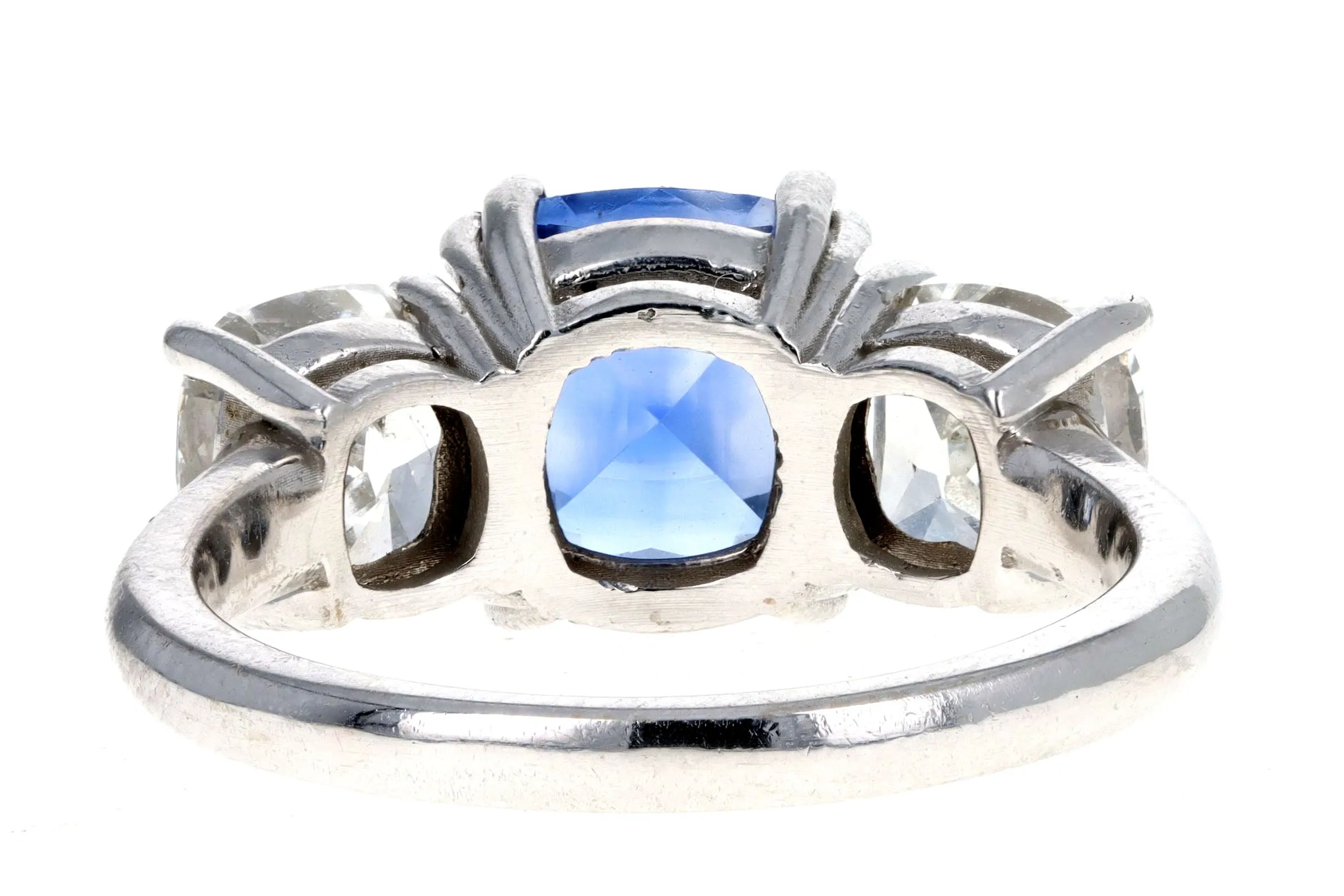 2.23 Carat Cushion Cut Natural Ceylon Sapphire & Cushion Diamond Three Stone Ring in 18K White Gold GIA Certified