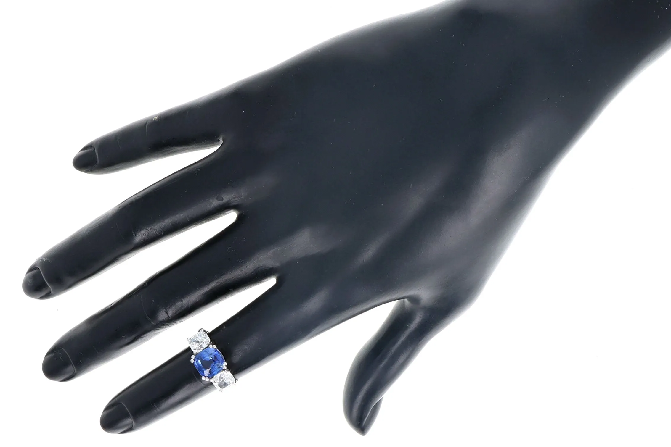 2.23 Carat Cushion Cut Natural Ceylon Sapphire & Cushion Diamond Three Stone Ring in 18K White Gold GIA Certified