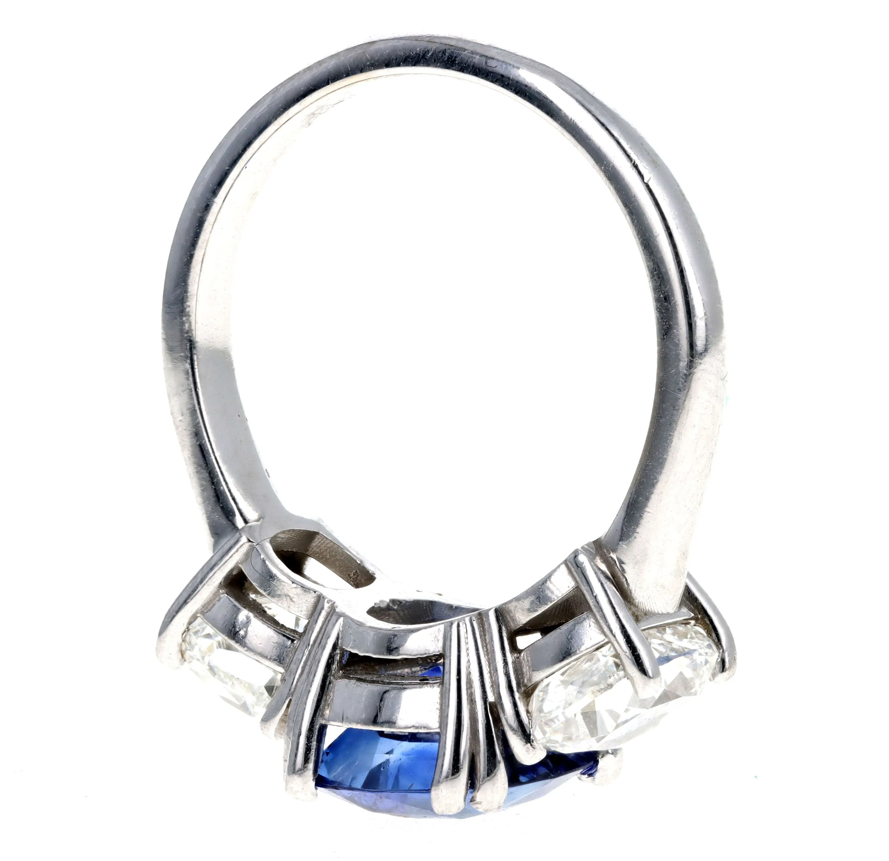 2.23 Carat Cushion Cut Natural Ceylon Sapphire & Cushion Diamond Three Stone Ring in 18K White Gold GIA Certified