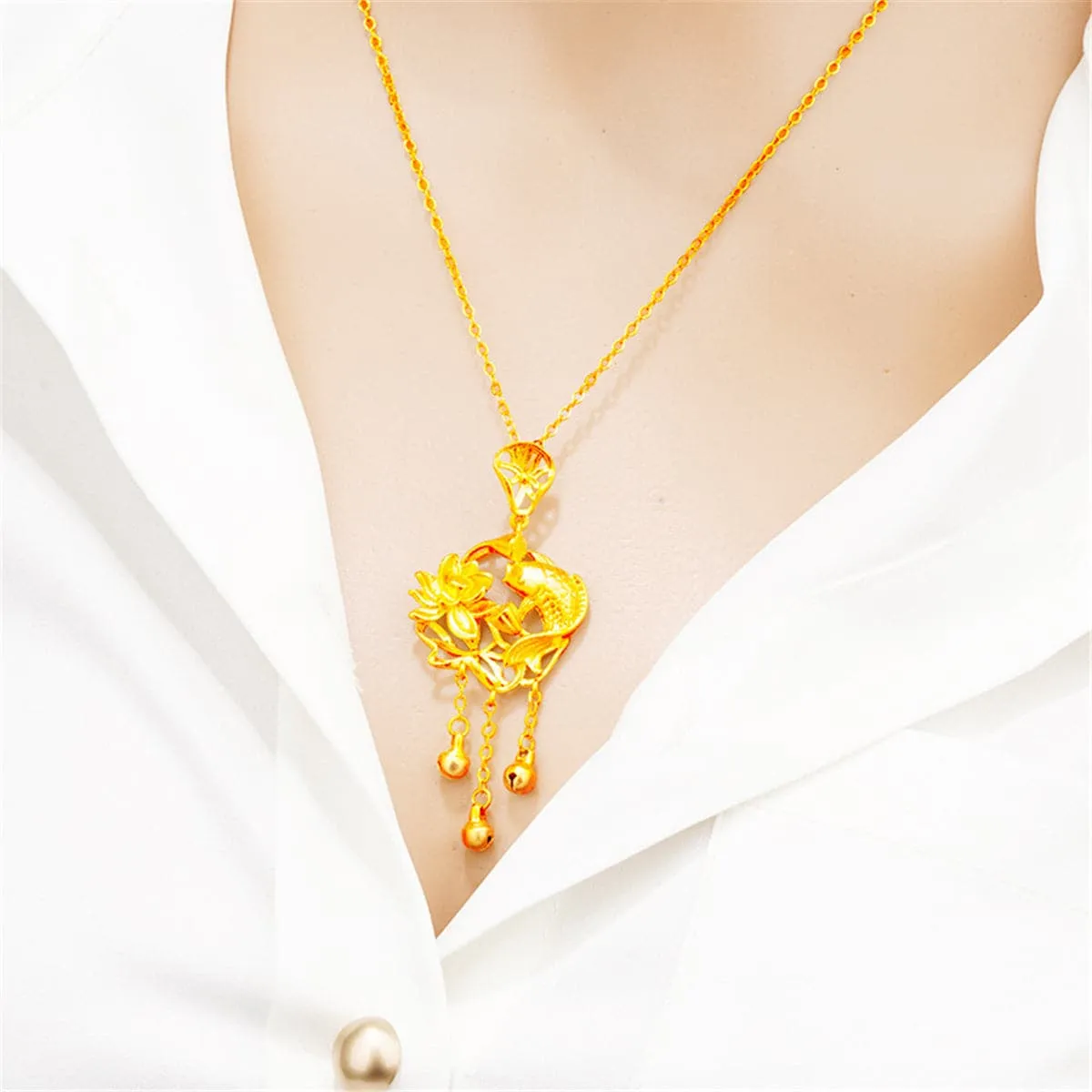 24K Gold-Plated Open Lotus & Fish Pendant Necklace