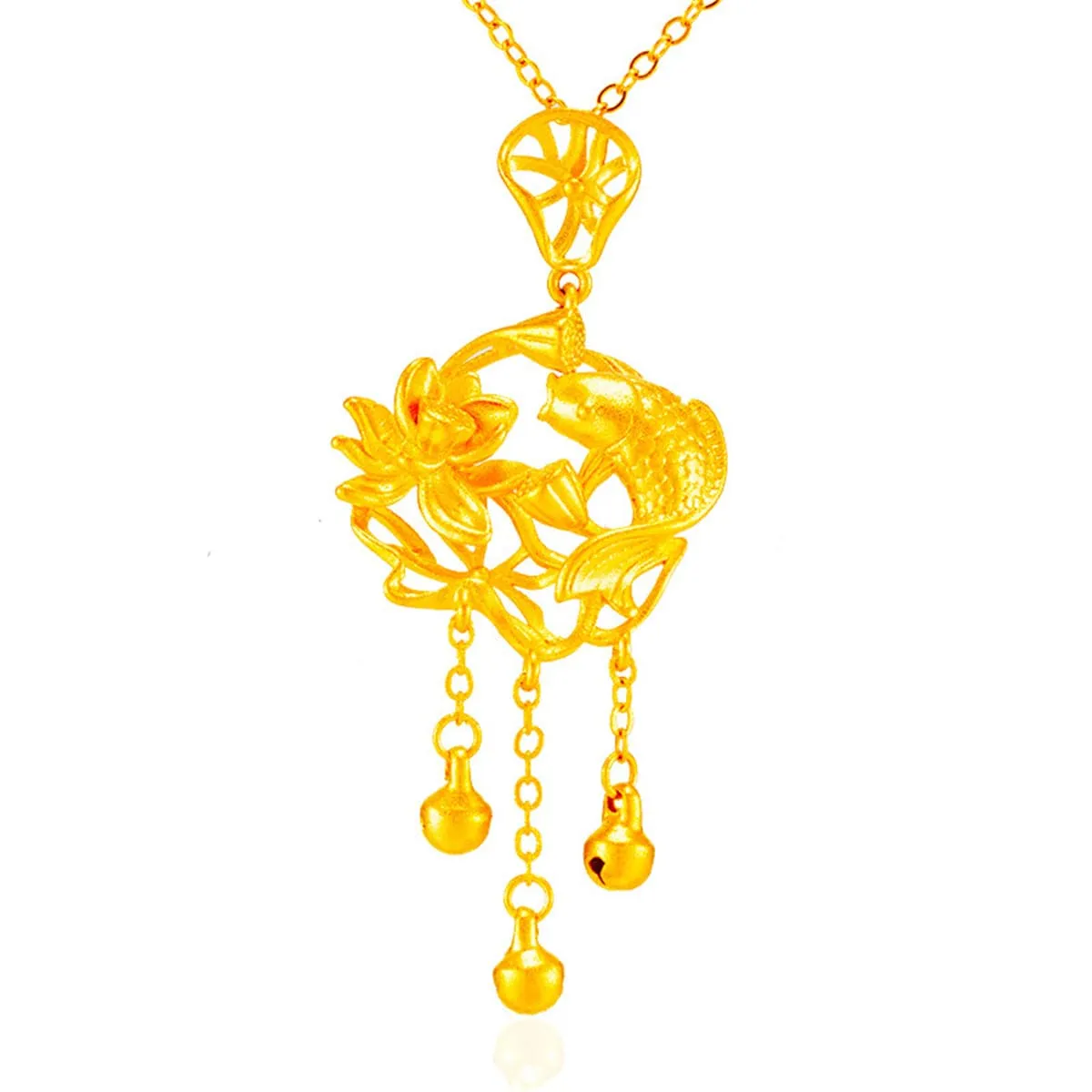 24K Gold-Plated Open Lotus & Fish Pendant Necklace