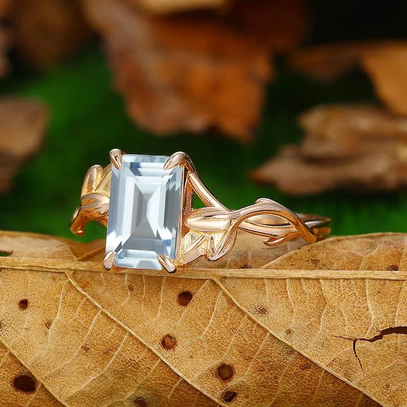 2.5 CT Emerald Cut  Cross Shank  Nature Leaf Twist Vines solitaire Aquamarine  ring