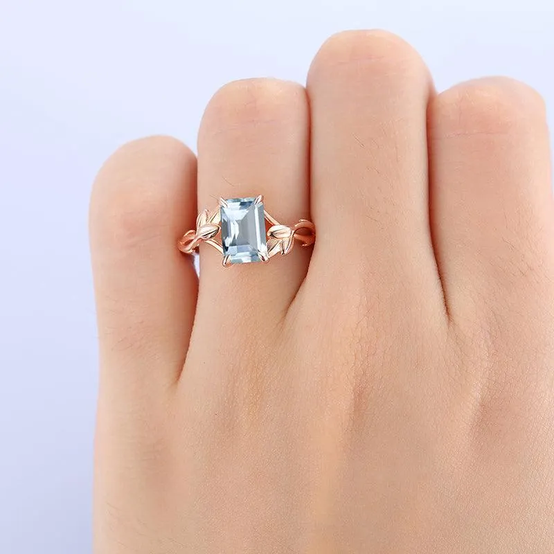 2.5 CT Emerald Cut  Cross Shank  Nature Leaf Twist Vines solitaire Aquamarine  ring