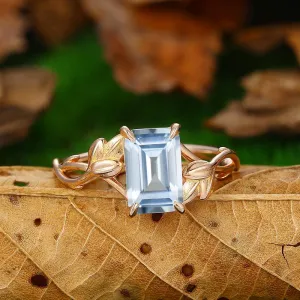 2.5 CT Emerald Cut  Cross Shank  Nature Leaf Twist Vines solitaire Aquamarine  ring