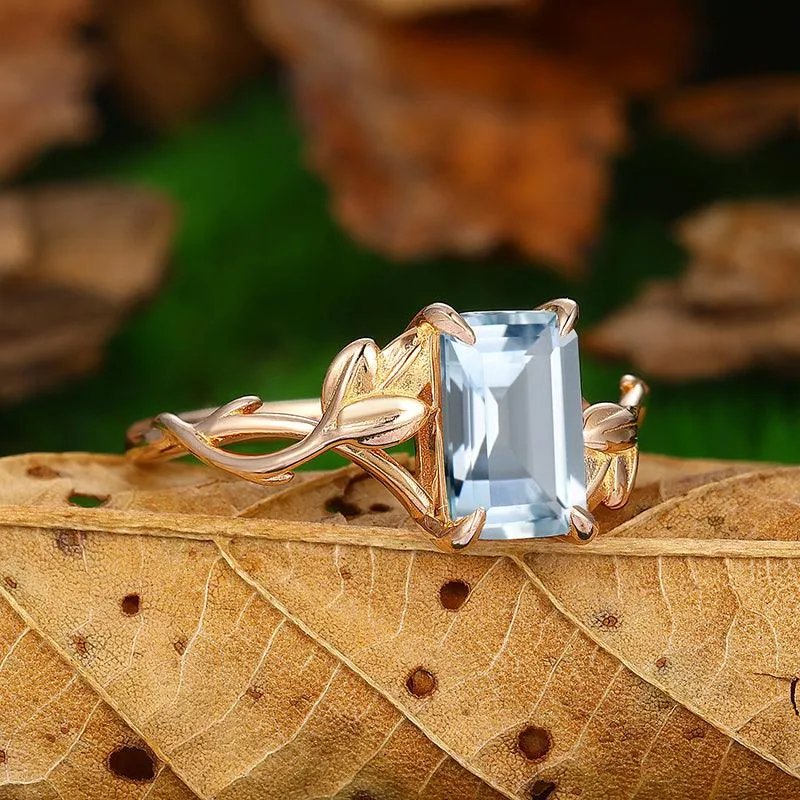 2.5 CT Emerald Cut  Cross Shank  Nature Leaf Twist Vines solitaire Aquamarine  ring