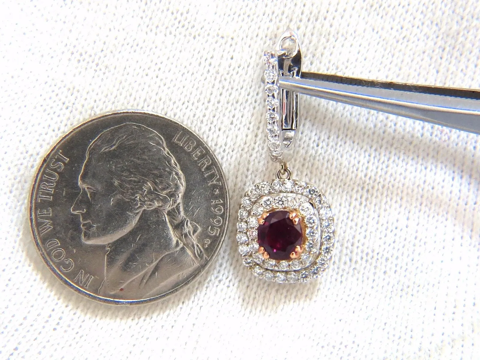 2.70ct natural deep red ruby diamond double halo dangle earrings 14kt.