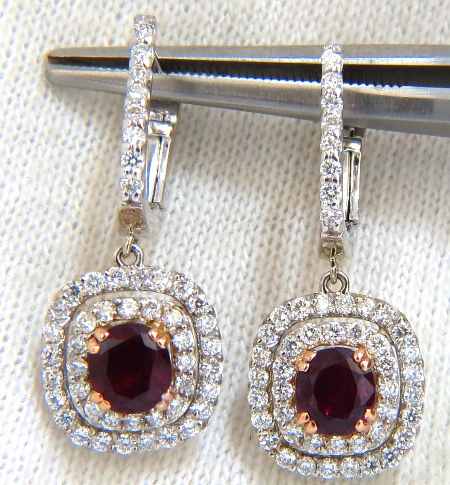 2.70ct natural deep red ruby diamond double halo dangle earrings 14kt.