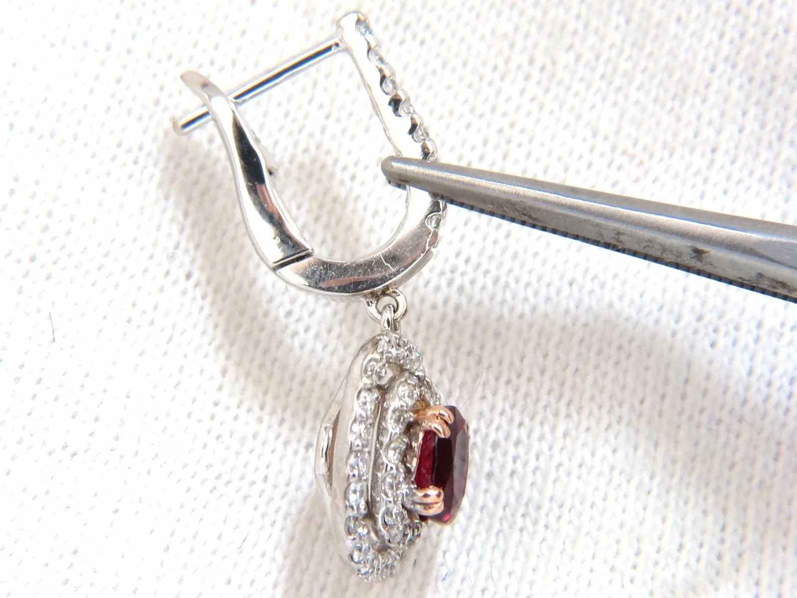 2.70ct natural deep red ruby diamond double halo dangle earrings 14kt.