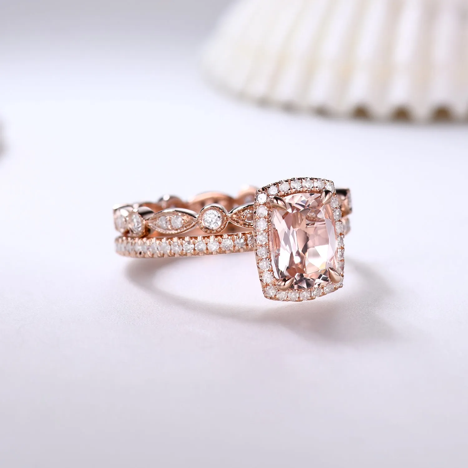 2pcs Delicate Cushion Halo Morganite Bridal Ring Set and Diamond Full Eternity Band