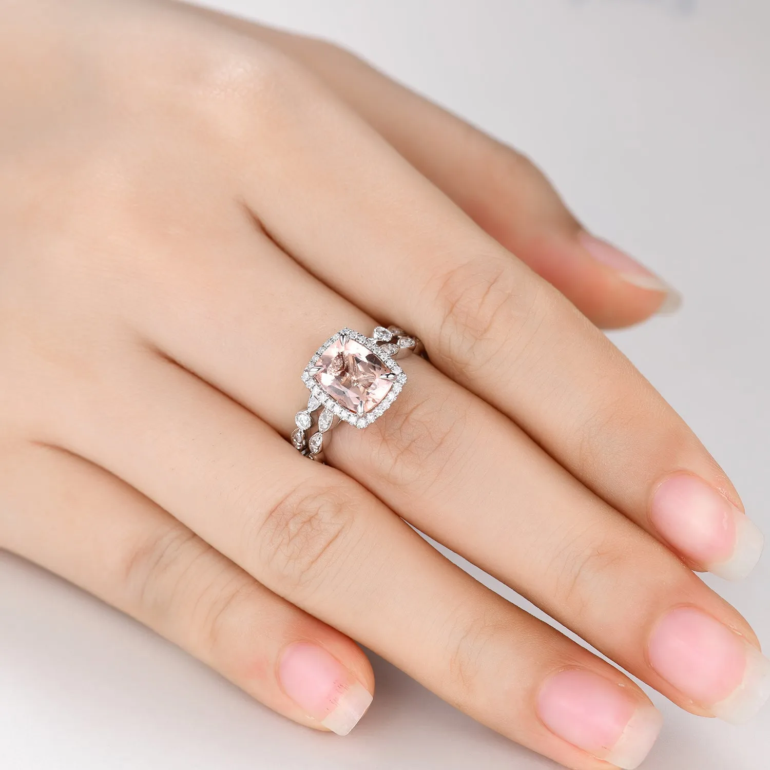 2pcs Delicate Cushion Halo Morganite Bridal Ring Set and Diamond Full Eternity Band