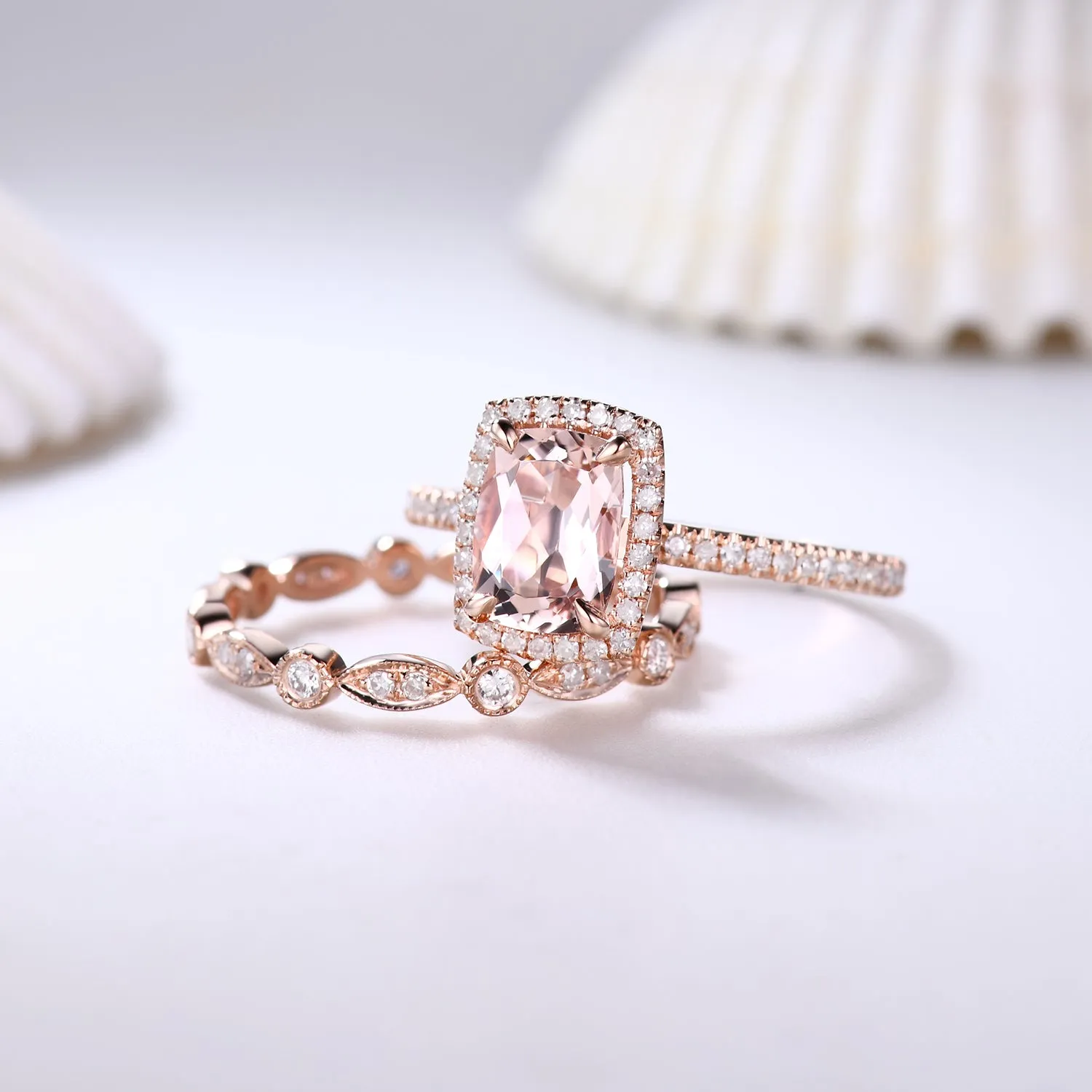 2pcs Delicate Cushion Halo Morganite Bridal Ring Set and Diamond Full Eternity Band