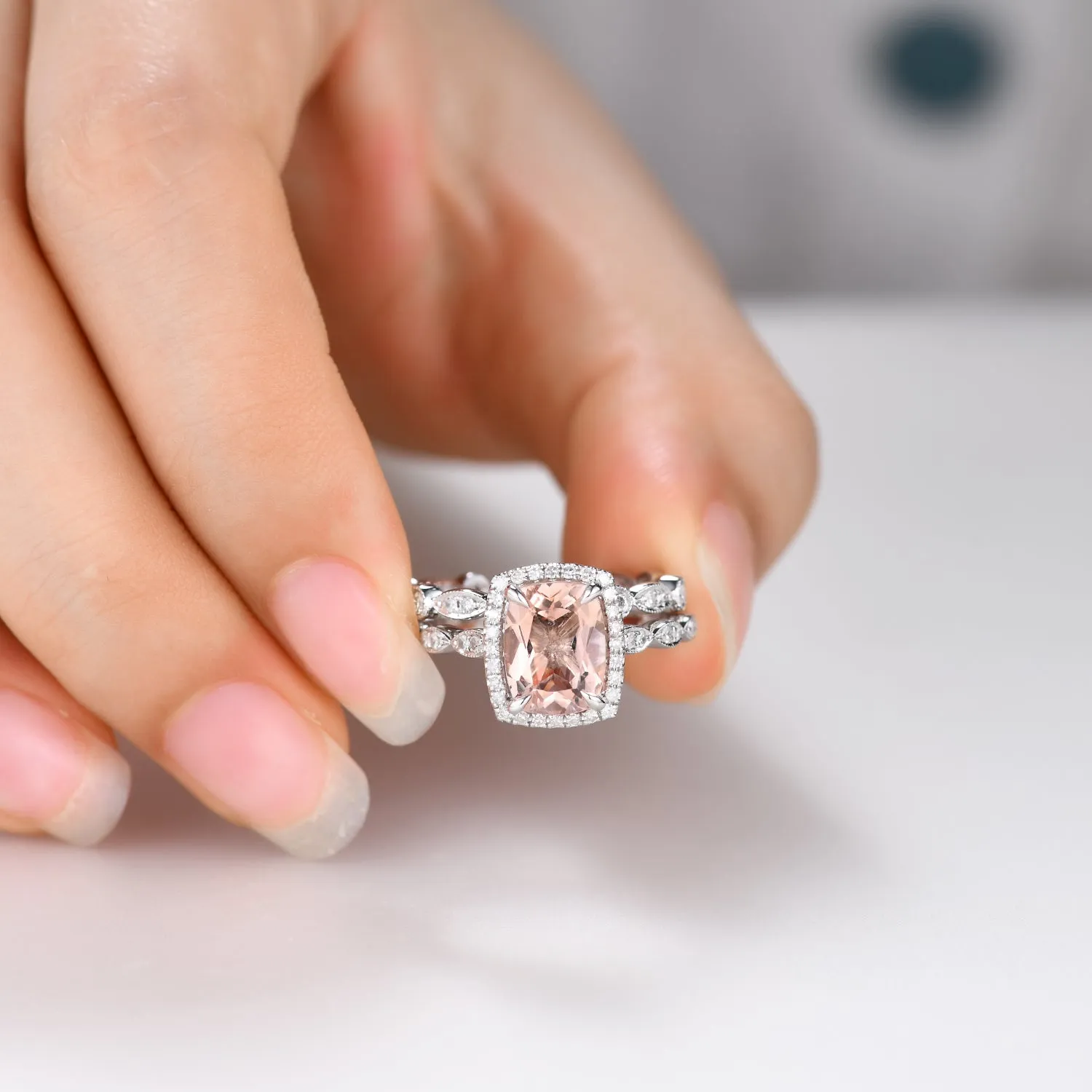 2pcs Delicate Cushion Halo Morganite Bridal Ring Set and Diamond Full Eternity Band