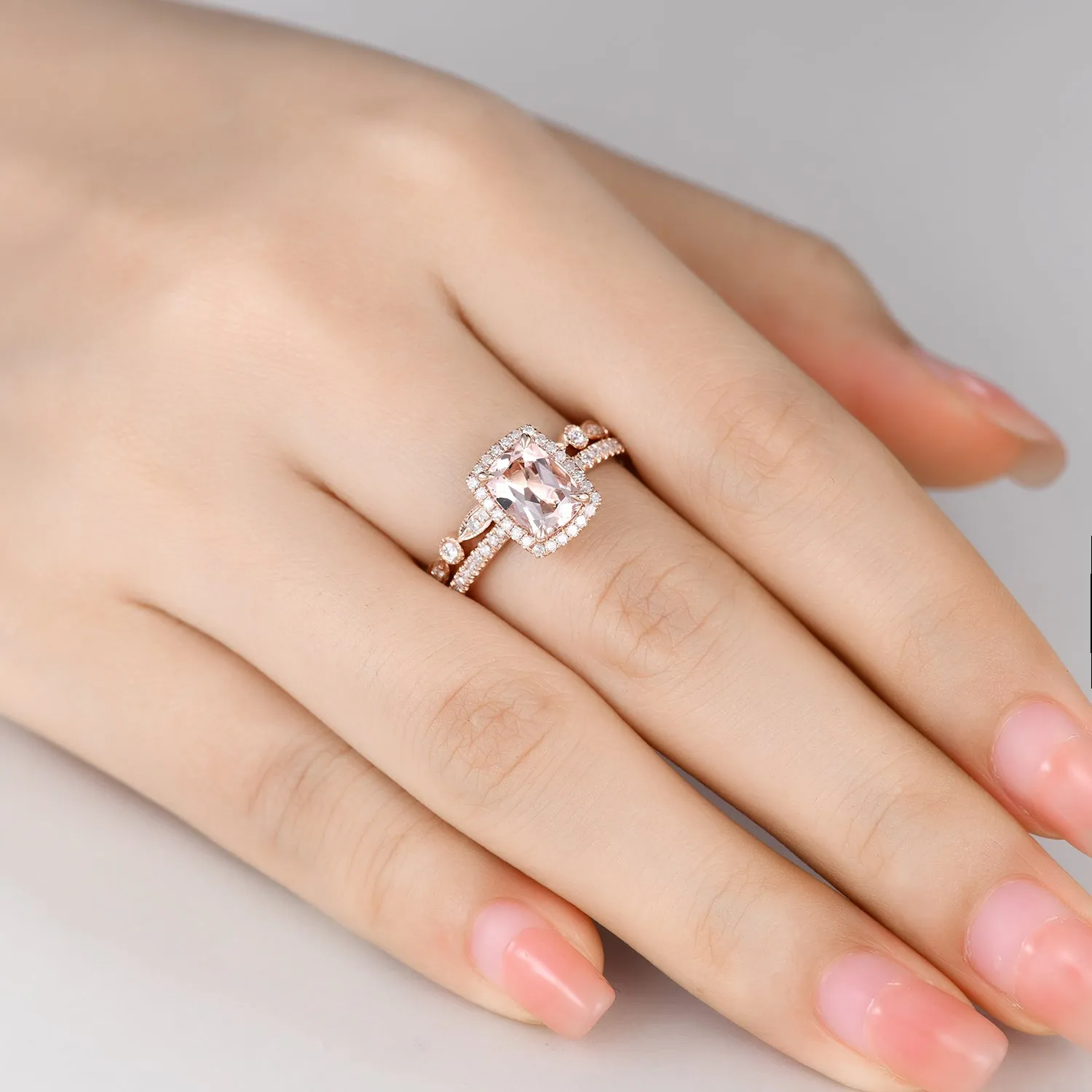 2pcs Delicate Cushion Halo Morganite Bridal Ring Set and Diamond Full Eternity Band