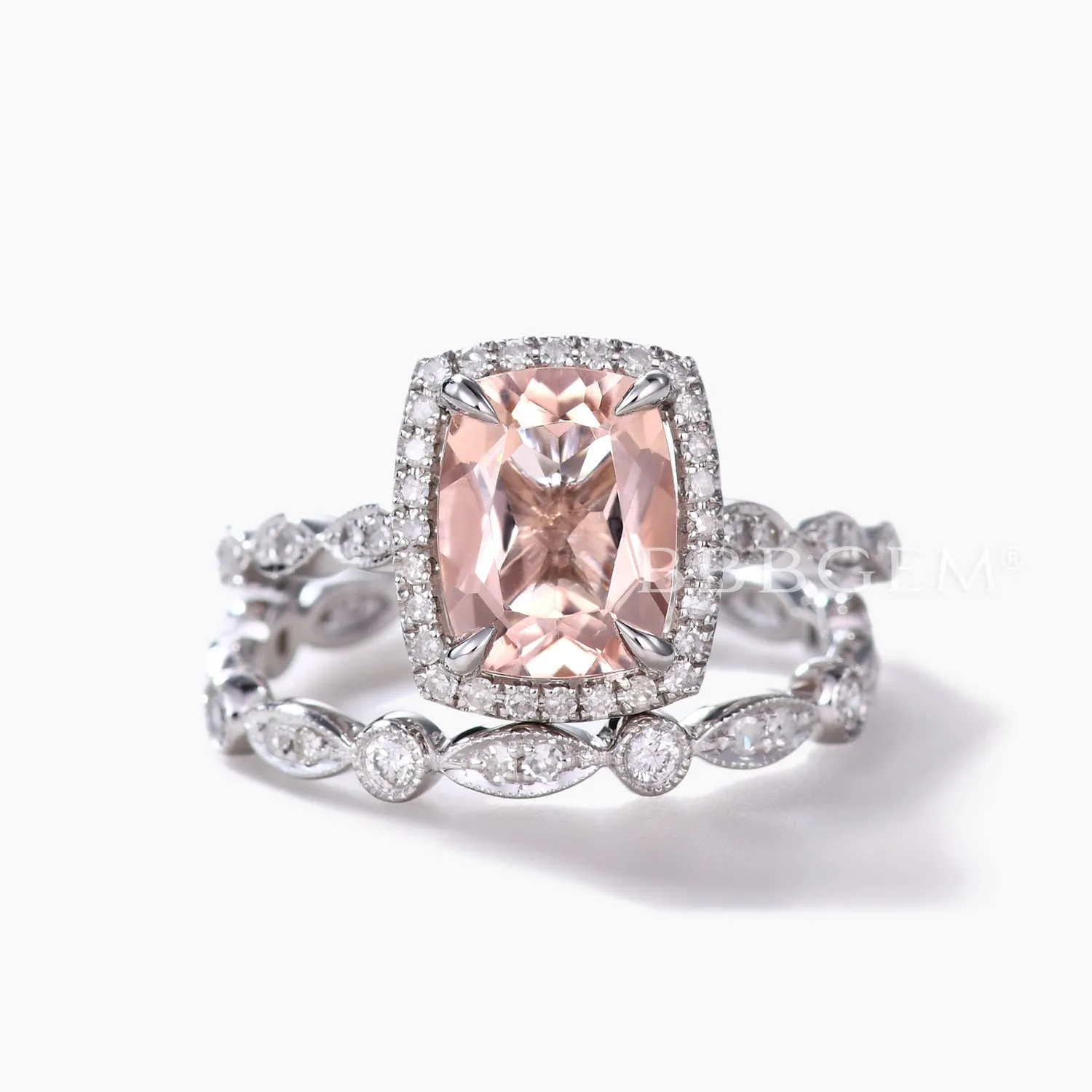 2pcs Delicate Cushion Halo Morganite Bridal Ring Set and Diamond Full Eternity Band