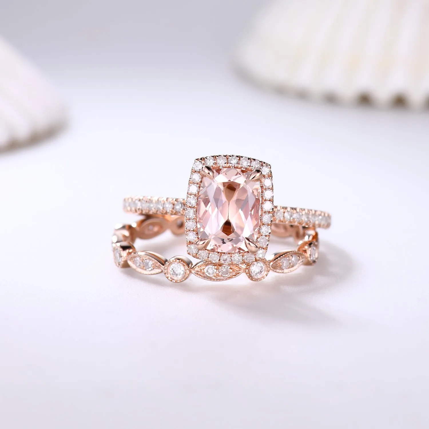 2pcs Delicate Cushion Halo Morganite Bridal Ring Set and Diamond Full Eternity Band