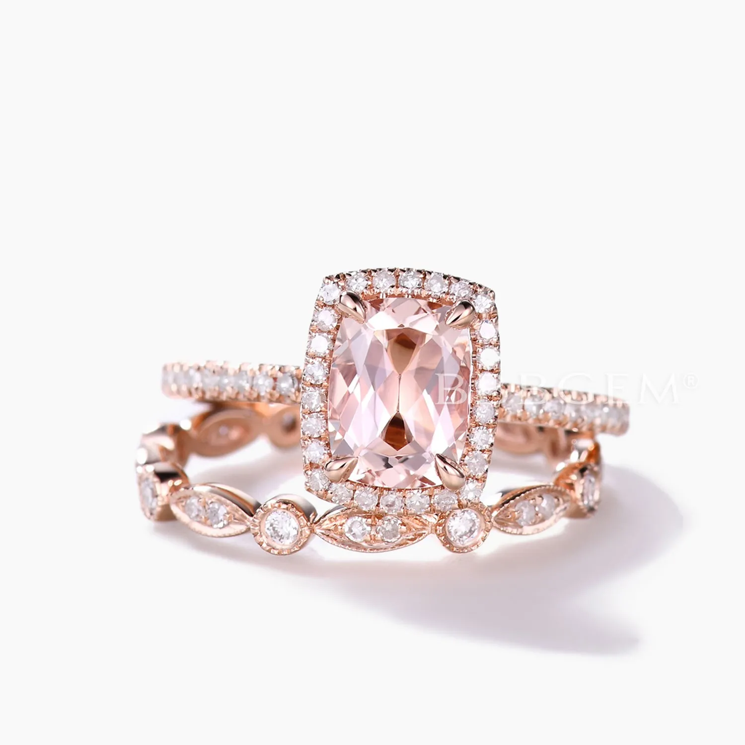 2pcs Delicate Cushion Halo Morganite Bridal Ring Set and Diamond Full Eternity Band