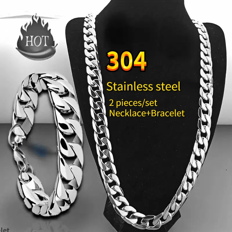 2pcs/set Unisex Stainless Steel Cuban Necklace & Bracelet Duo - Timeless Y2k Style, Bold Domineering Hip-hop Punk Rock NK Chain for Couples