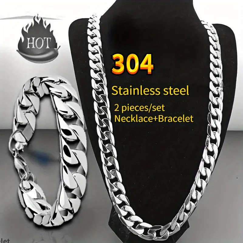 2pcs/set Unisex Stainless Steel Cuban Necklace & Bracelet Duo - Timeless Y2k Style, Bold Domineering Hip-hop Punk Rock NK Chain for Couples