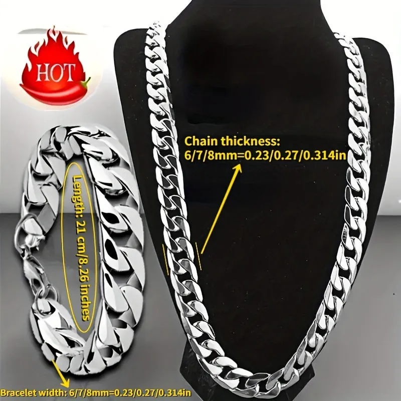 2pcs/set Unisex Stainless Steel Cuban Necklace & Bracelet Duo - Timeless Y2k Style, Bold Domineering Hip-hop Punk Rock NK Chain for Couples