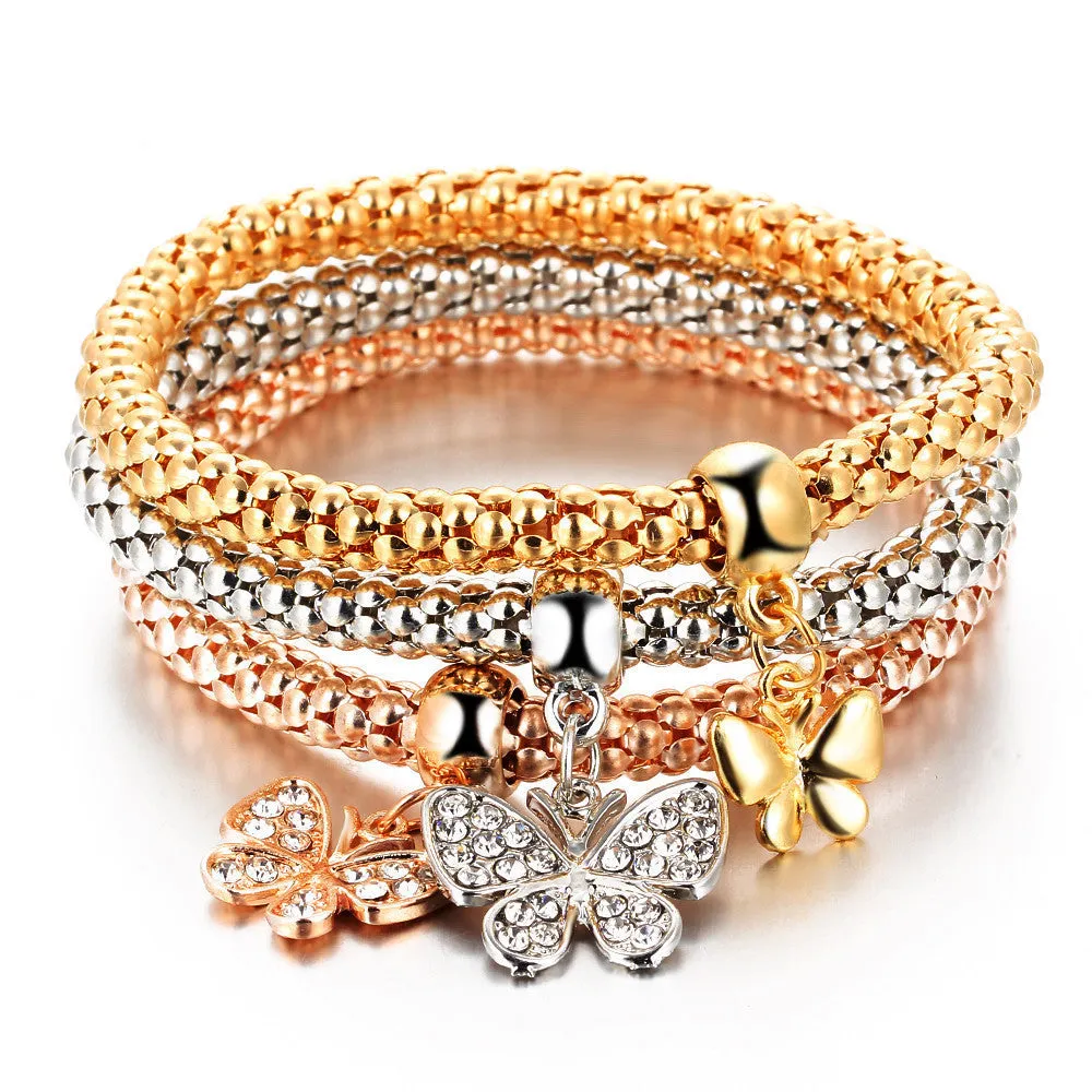 3 PCS/Set Crystal Butterful Bracelet & Bangle Elastic Heart Bracelets For Women