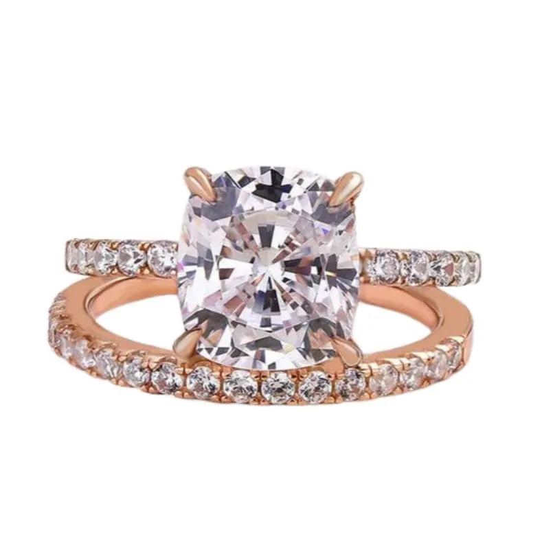 3.0ct Cushion Cut Rose Gold Clear Simulated Sapphire Wedding Ring Set
