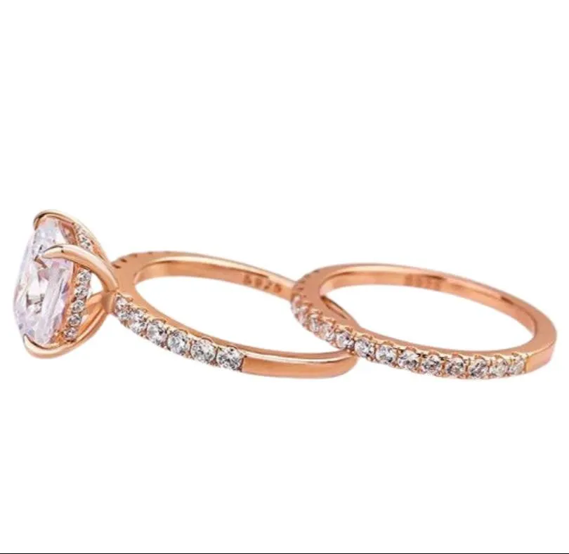 3.0ct Cushion Cut Rose Gold Clear Simulated Sapphire Wedding Ring Set