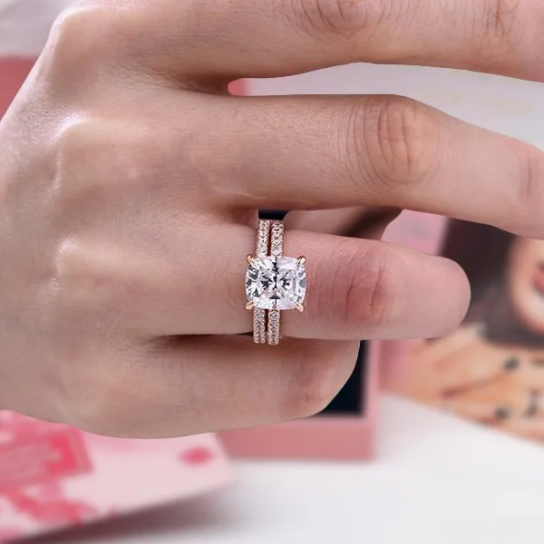 3.0ct Cushion Cut Rose Gold Clear Simulated Sapphire Wedding Ring Set