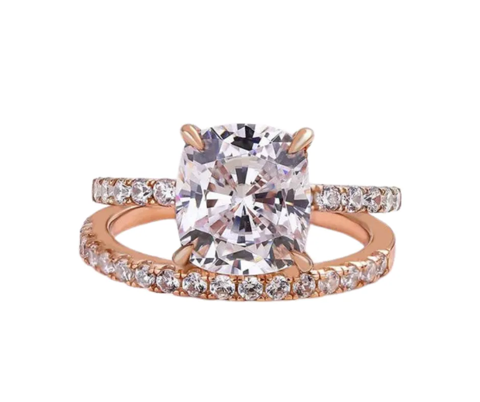 3.0ct Cushion Cut Rose Gold Clear Simulated Sapphire Wedding Ring Set