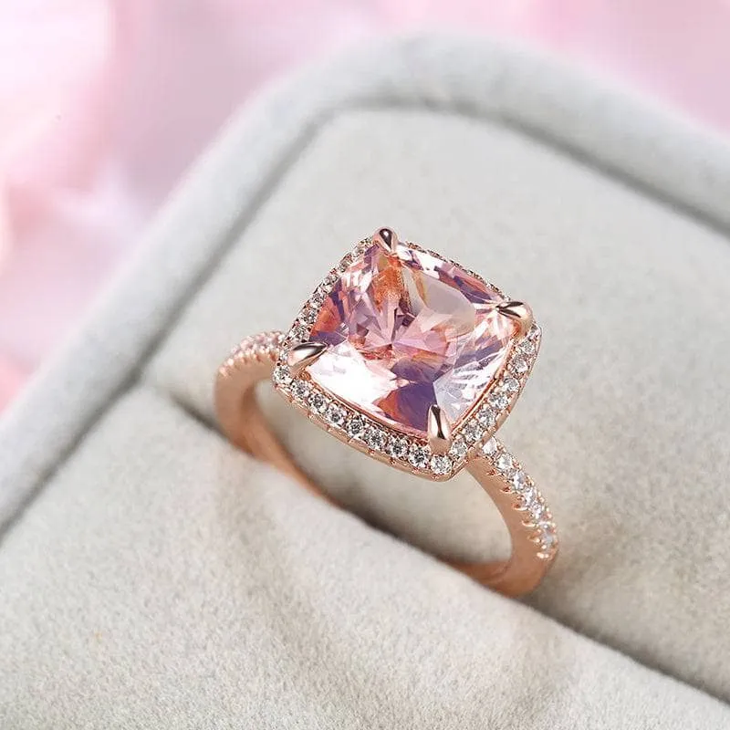 3.0ct Cushion Cut Simulated Morganite Halo Engagement Ring