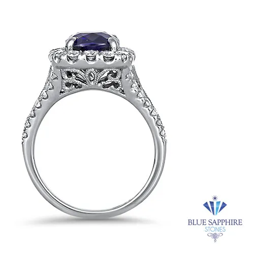 3.26ct. Cushion GIA Certified Blue Sapphire Ring with Diamond Halo in 18K White Gold