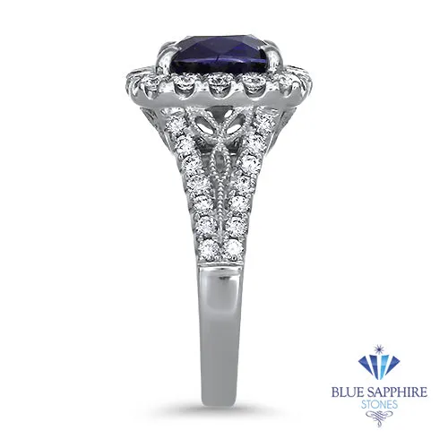 3.26ct. Cushion GIA Certified Blue Sapphire Ring with Diamond Halo in 18K White Gold