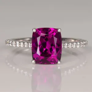 3.38ct Cushion Purple Garnet Ring with Diamonds in 14k White Gold