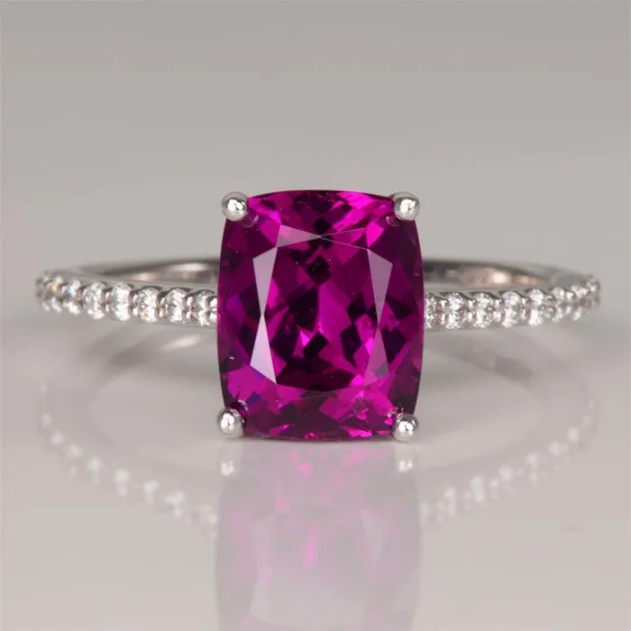 3.38ct Cushion Purple Garnet Ring with Diamonds in 14k White Gold