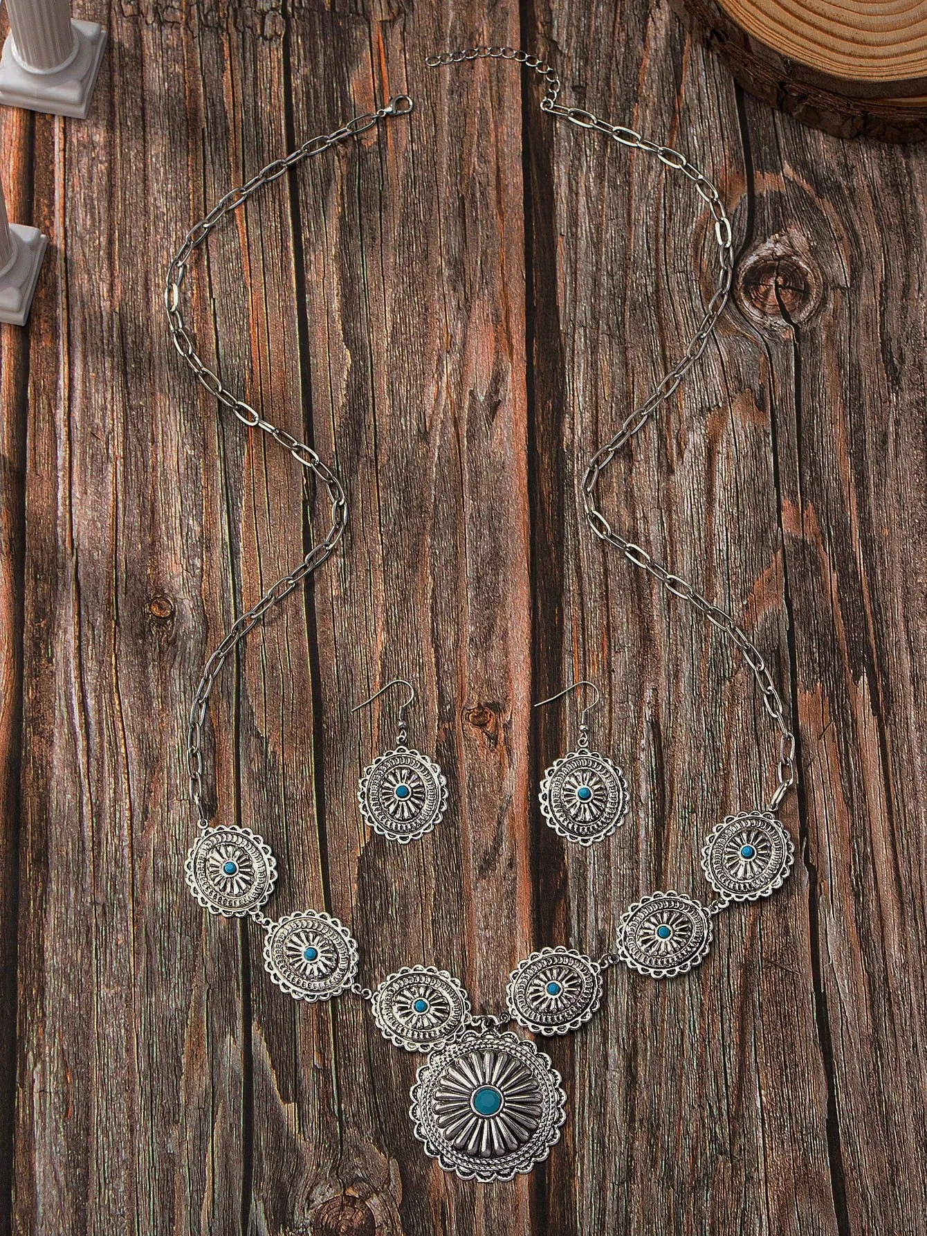 3Pcs Vintage Necklace Earring Jewelry Set -  Silver