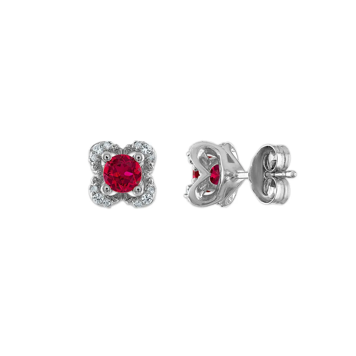 4MM Round Ruby and White Sapphire Birthstone Flower Halo Earrings in Sterling Silver