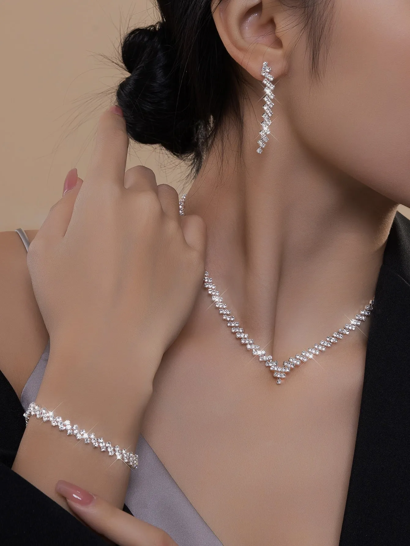 4pcs/set Rhinestone Decor Jewelry Set - Silver